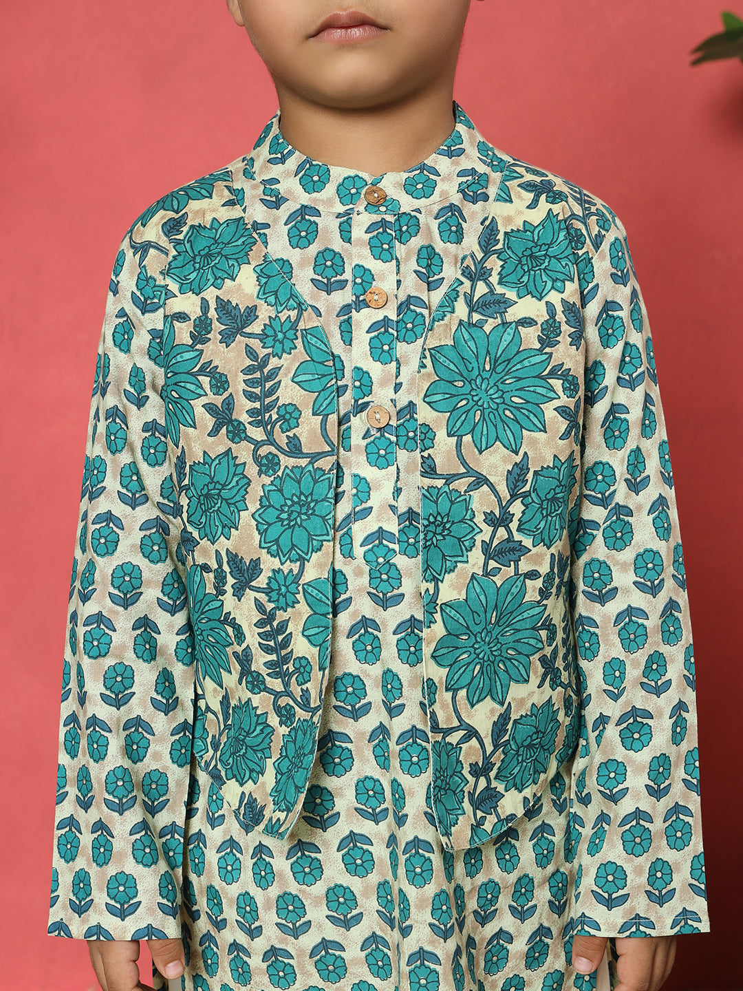 Boys Straight Style Cotton Fabric Turquoise Blue Color Floral Printed Kurta With Attached Jacket And Pyjama