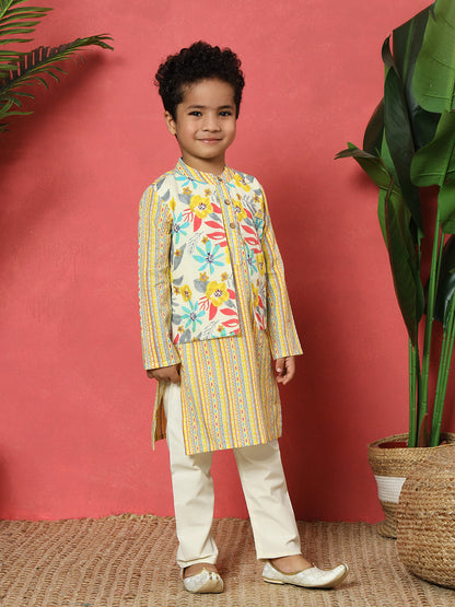 Boys Straight Style Cotton Fabric Yellow Color Floral Printed Kurta With Attached Jacket And Pyjama