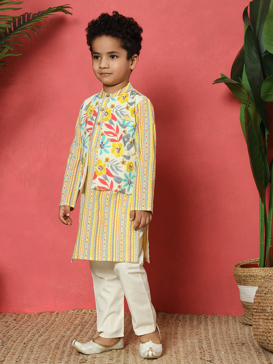 Boys Straight Style Cotton Fabric Yellow Color Floral Printed Kurta With Attached Jacket And Pyjama