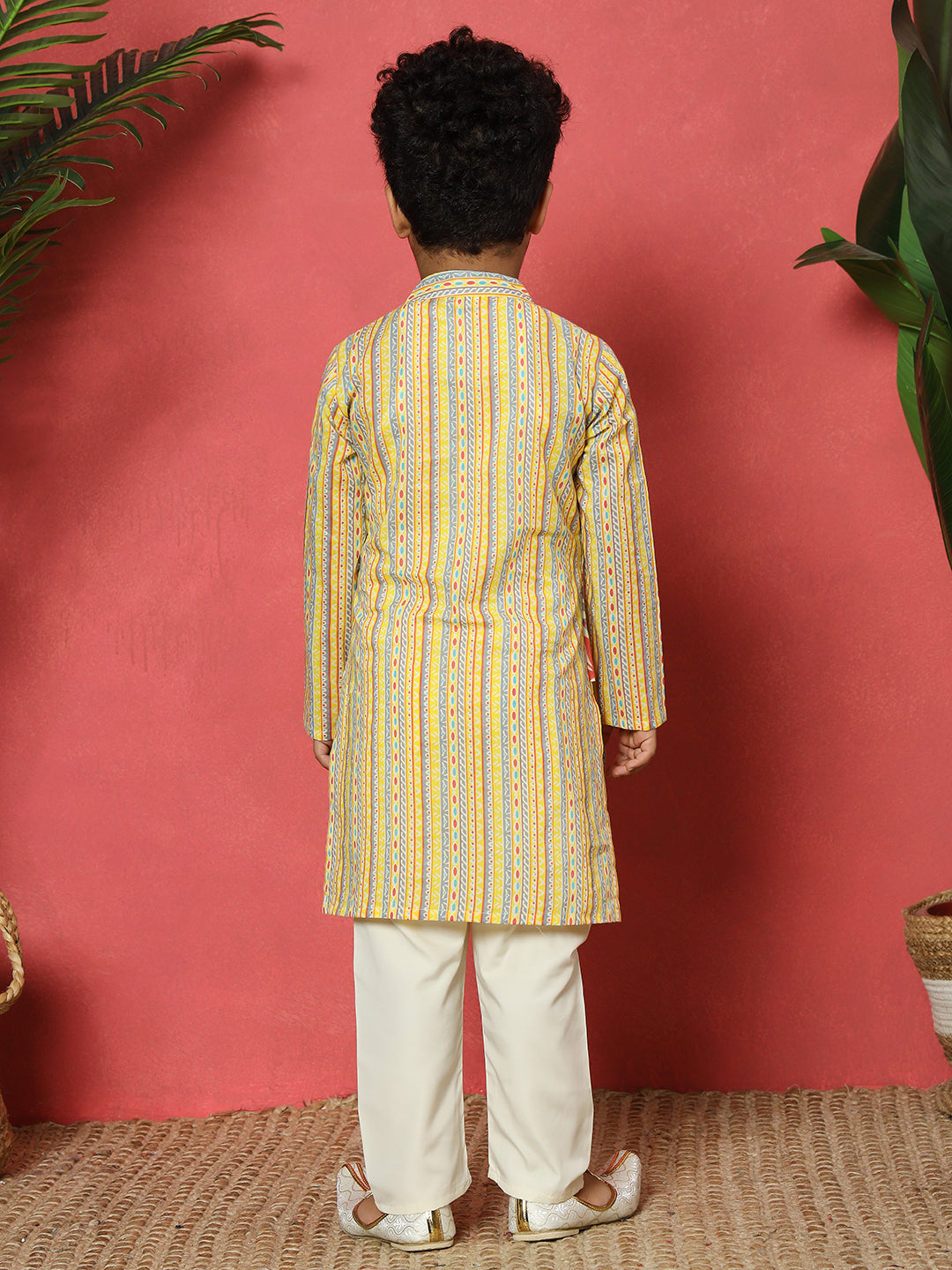 Boys Straight Style Cotton Fabric Yellow Color Floral Printed Kurta With Attached Jacket And Pyjama