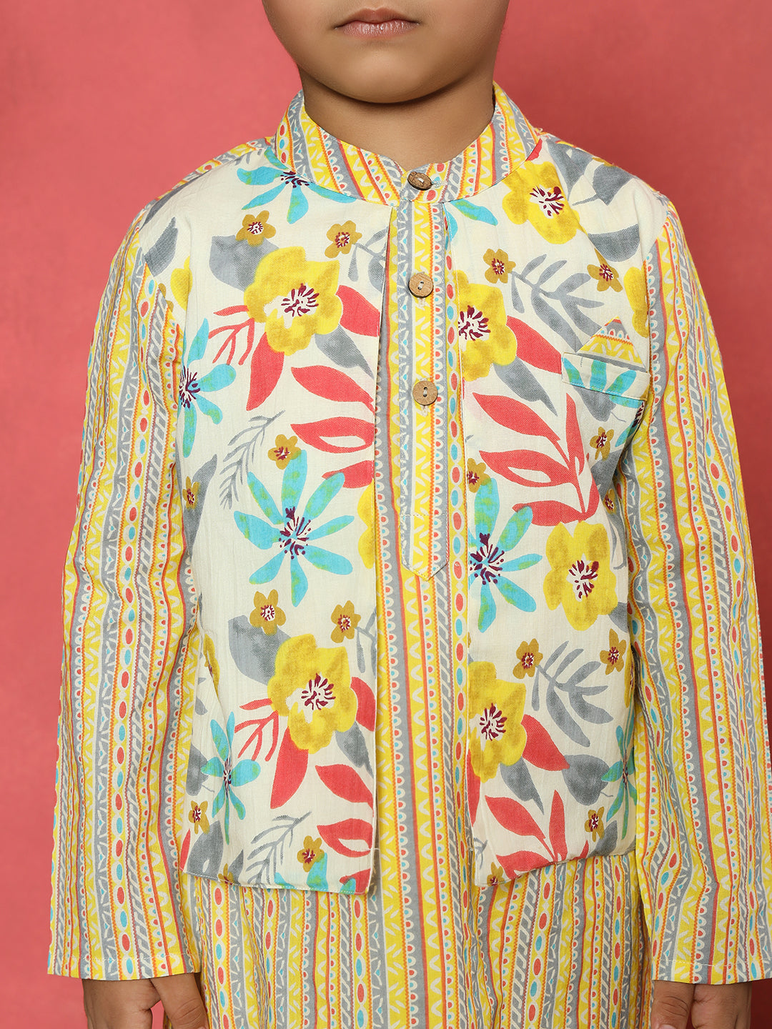 Boys Straight Style Cotton Fabric Yellow Color Floral Printed Kurta With Attached Jacket And Pyjama