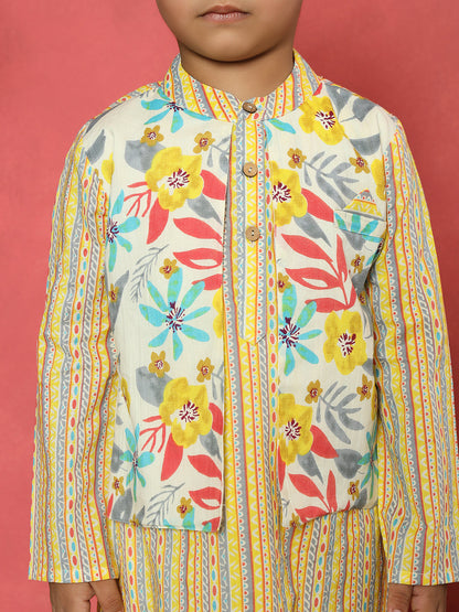 Boys Straight Style Cotton Fabric Yellow Color Floral Printed Kurta With Attached Jacket And Pyjama