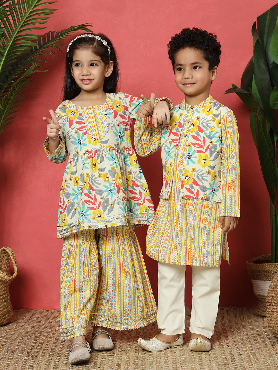 Boys Straight Style Cotton Fabric Yellow Color Floral Printed Kurta With Attached Jacket And Pyjama