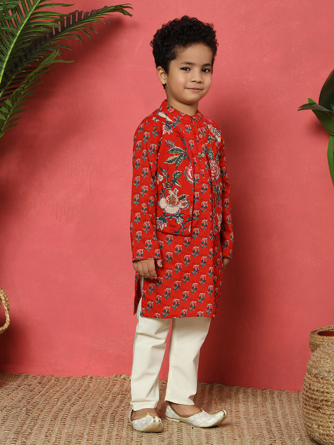 Boys Straight Style Cotton Fabric Red Color Floral Printed Kurta With Attached Jacket And Pyjama