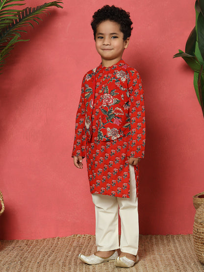 Boys Straight Style Cotton Fabric Red Color Floral Printed Kurta With Attached Jacket And Pyjama