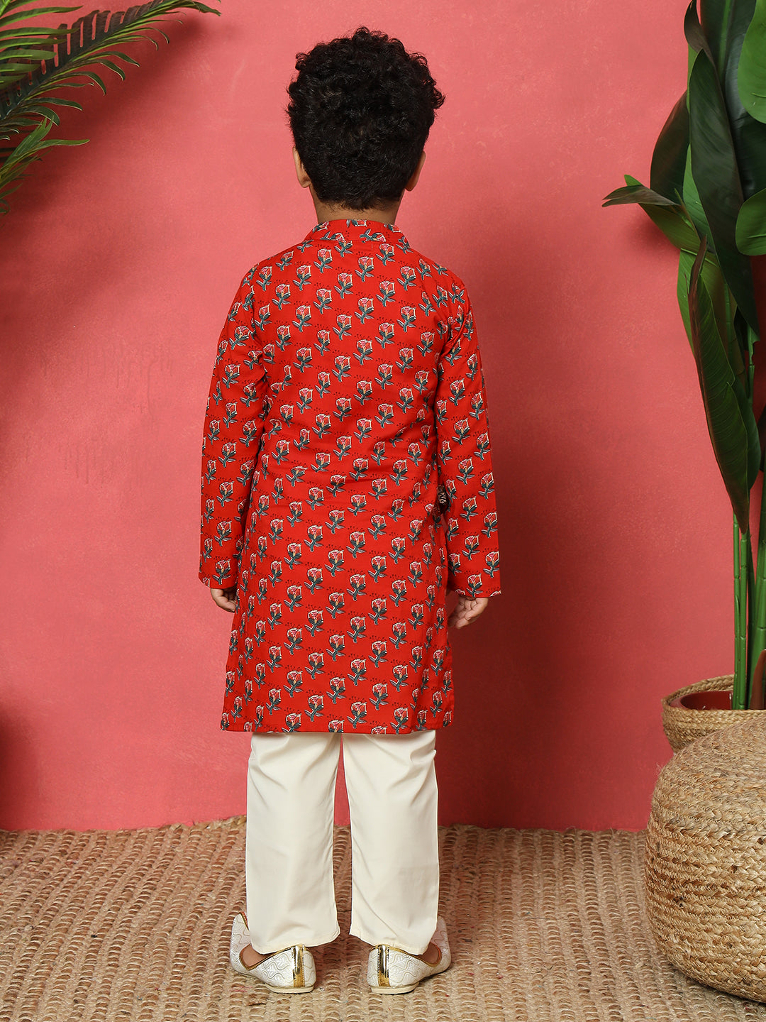 Boys Straight Style Cotton Fabric Red Color Floral Printed Kurta With Attached Jacket And Pyjama