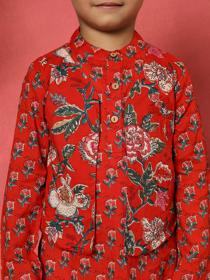 Boys Straight Style Cotton Fabric Red Color Floral Printed Kurta With Attached Jacket And Pyjama