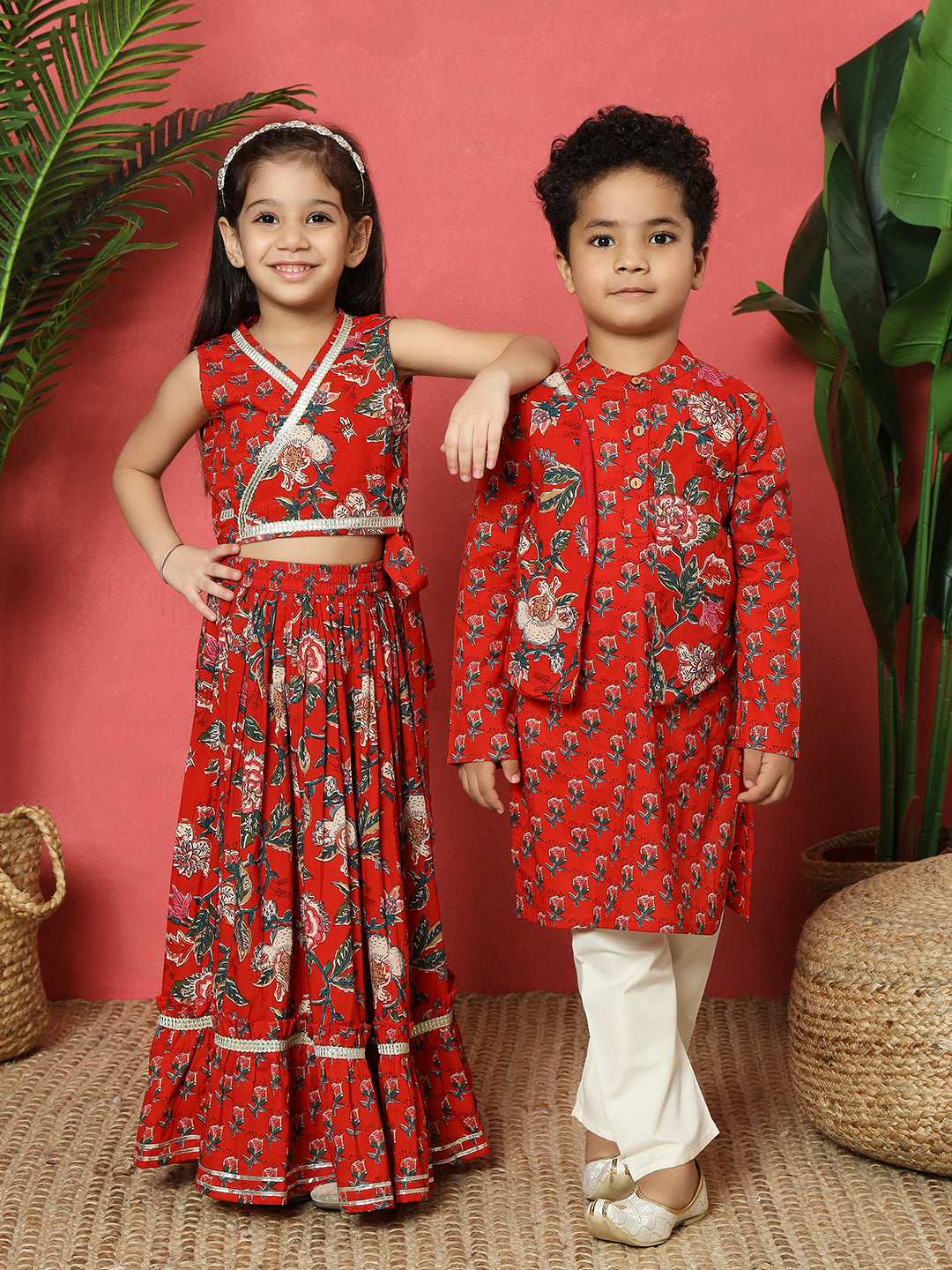 Boys Straight Style Cotton Fabric Red Color Floral Printed Kurta With Attached Jacket And Pyjama