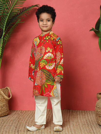 Boys Straight Style Cotton Fabric Red Color Floral Printed Kurta With Pyjama