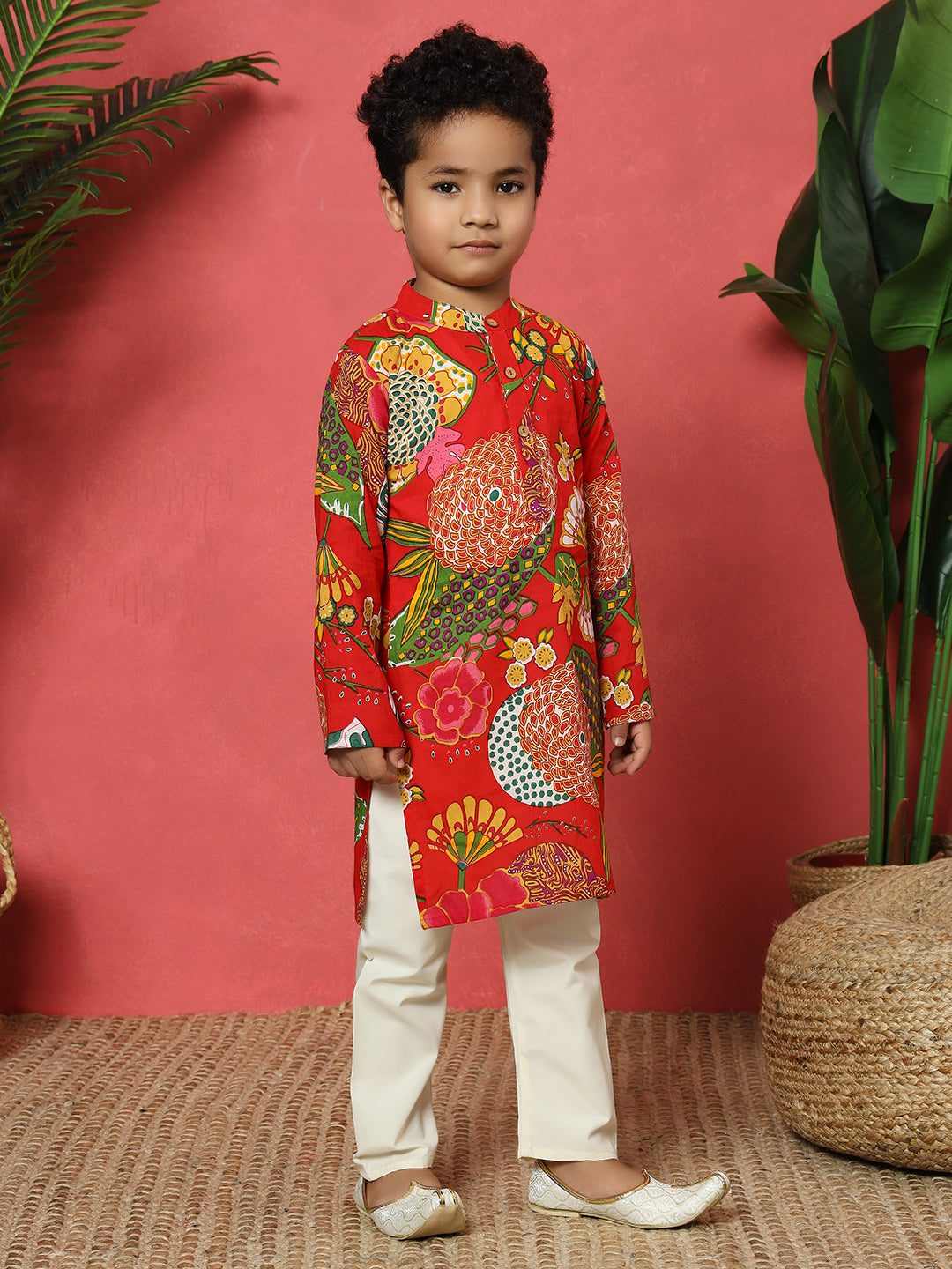 Boys Straight Style Cotton Fabric Red Color Floral Printed Kurta With Pyjama