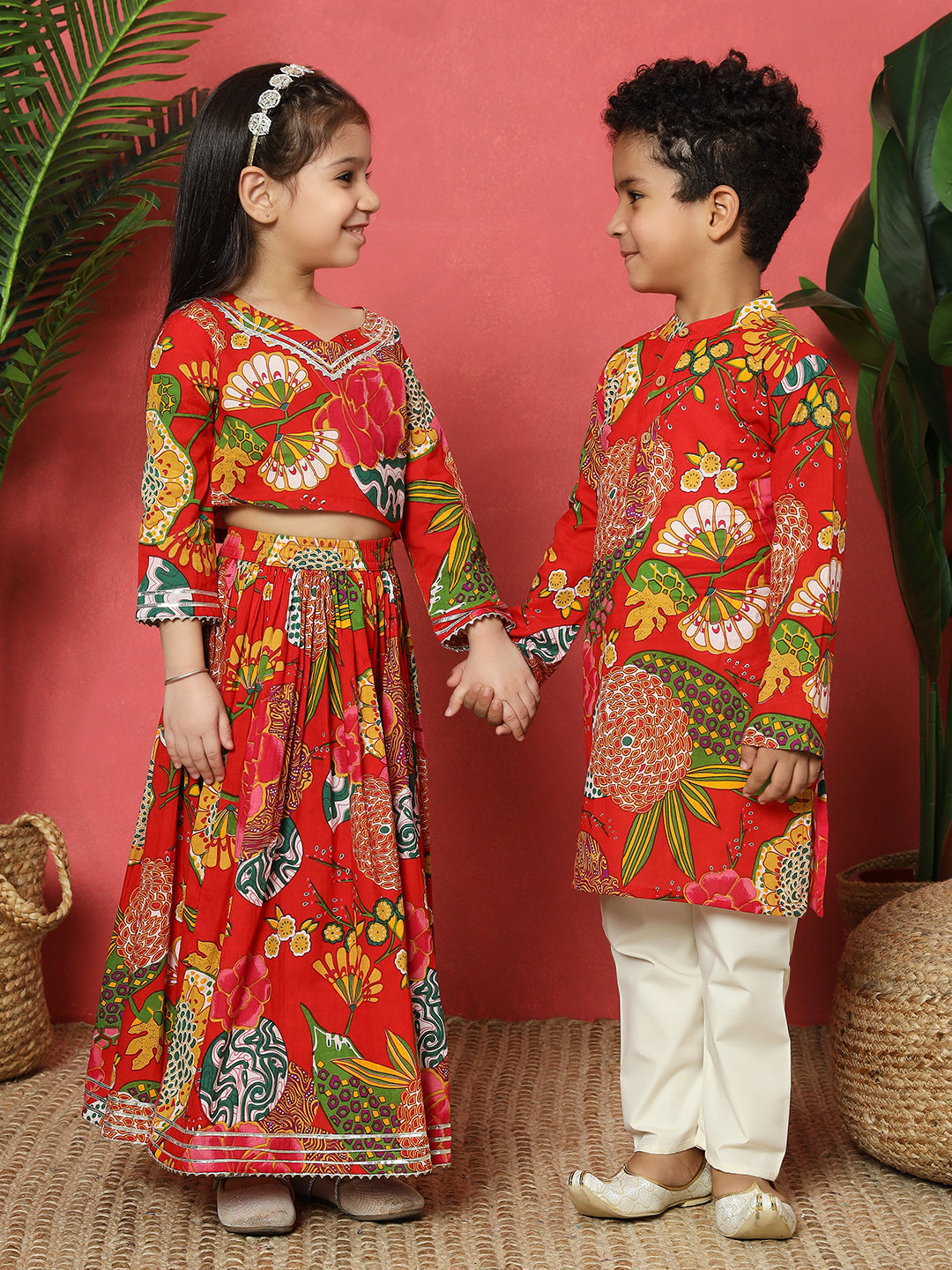 Boys Straight Style Cotton Fabric Red Color Floral Printed Kurta With Pyjama