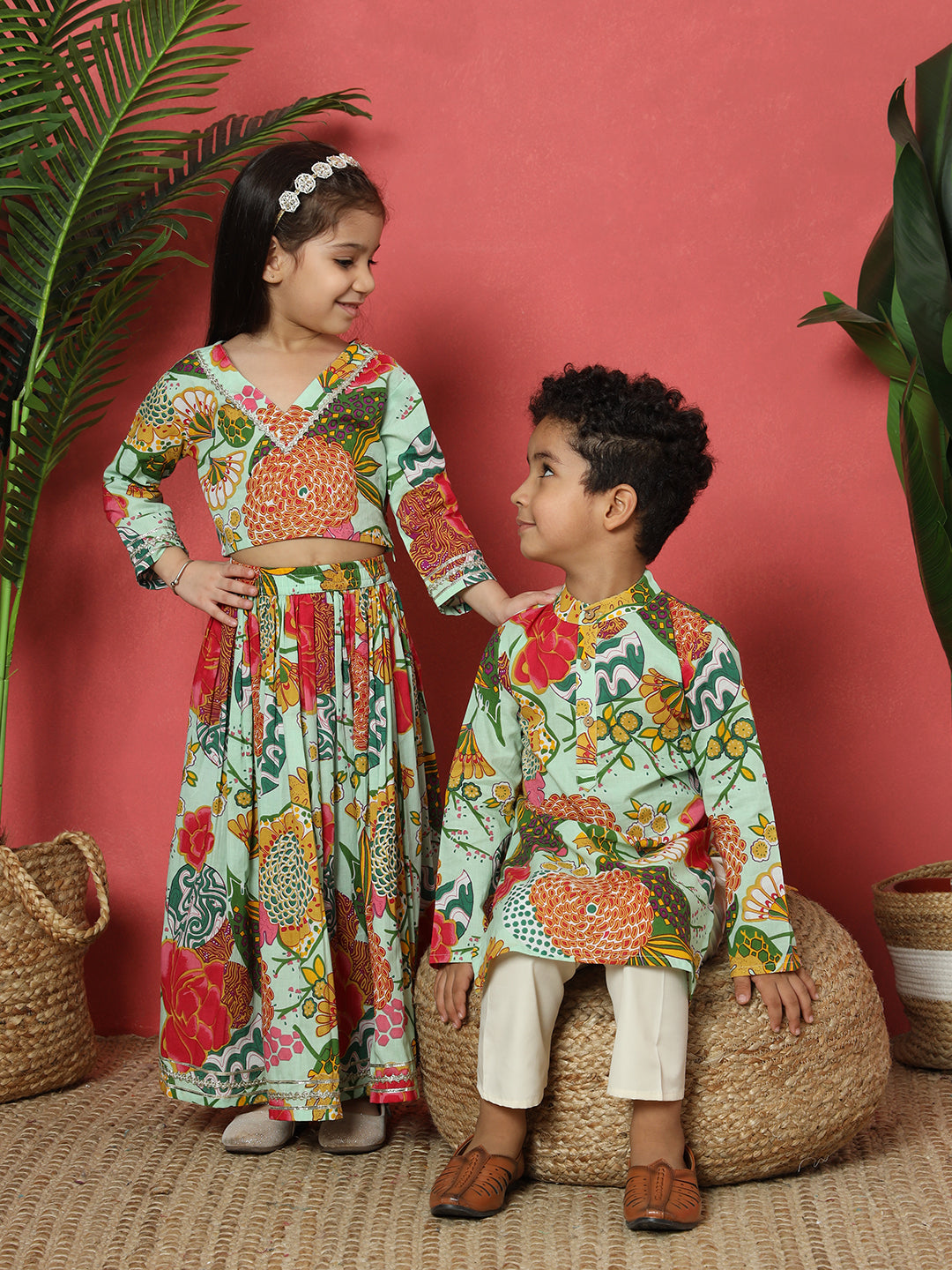 Boys Straight Style Cotton Fabric Green Color Floral Printed Kurta With Pyjama