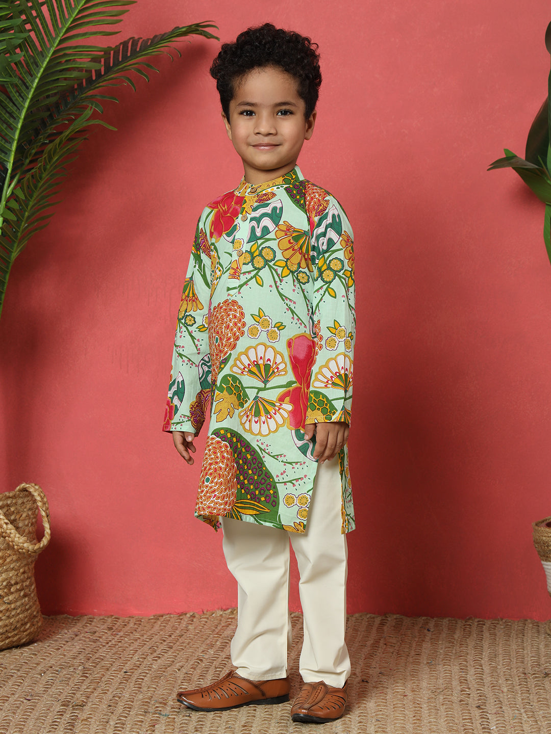 Boys Straight Style Cotton Fabric Green Color Floral Printed Kurta With Pyjama