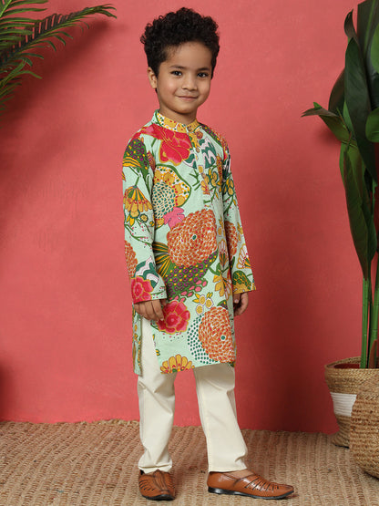 Boys Straight Style Cotton Fabric Green Color Floral Printed Kurta With Pyjama