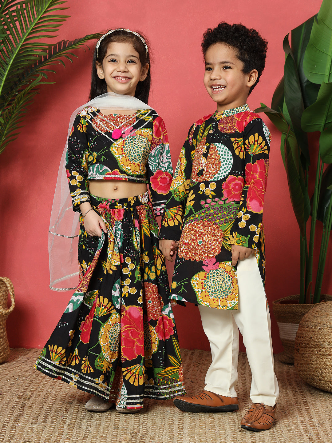 Boys Straight Style Cotton Fabric Black Color Floral Printed Kurta With Pyjama