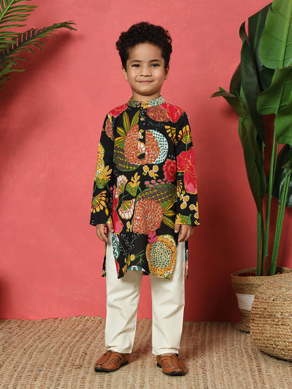 Boys Straight Style Cotton Fabric Black Color Floral Printed Kurta With Pyjama