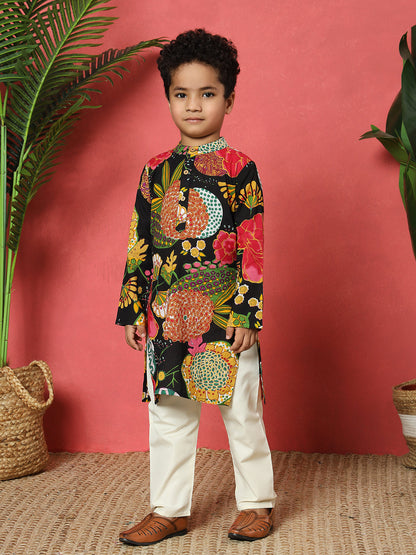 Boys Straight Style Cotton Fabric Black Color Floral Printed Kurta With Pyjama