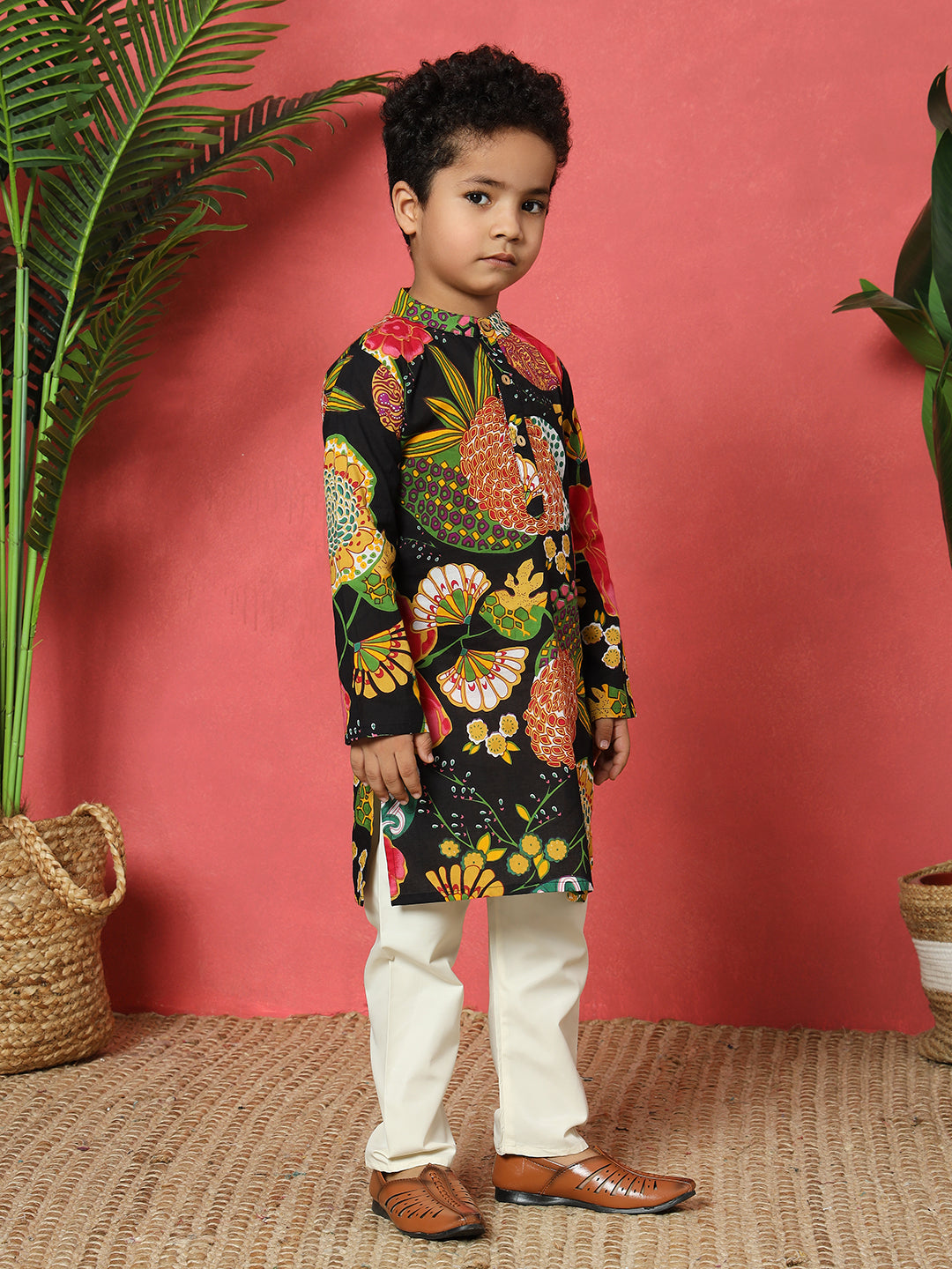 Boys Straight Style Cotton Fabric Black Color Floral Printed Kurta With Pyjama