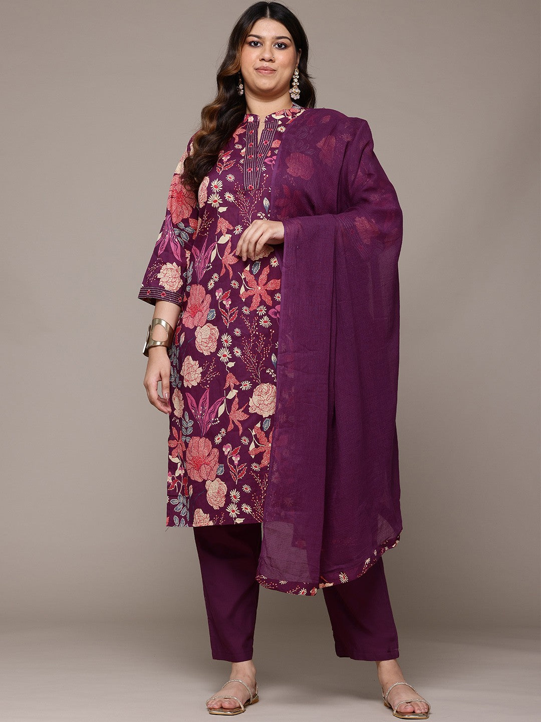 Straight Style Cotton Fabric Burgundy Colour Kurta With Bottom And Dupatta