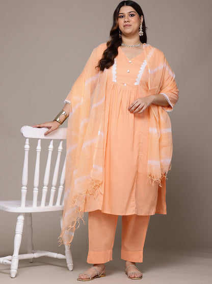 Straight Style Cotton Fabric Peach Colour Kurta With Bottom And Dupatta