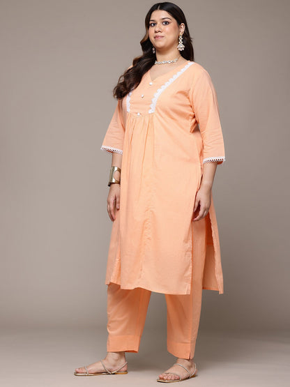 Straight Style Cotton Fabric Peach Colour Kurta With Bottom And Dupatta