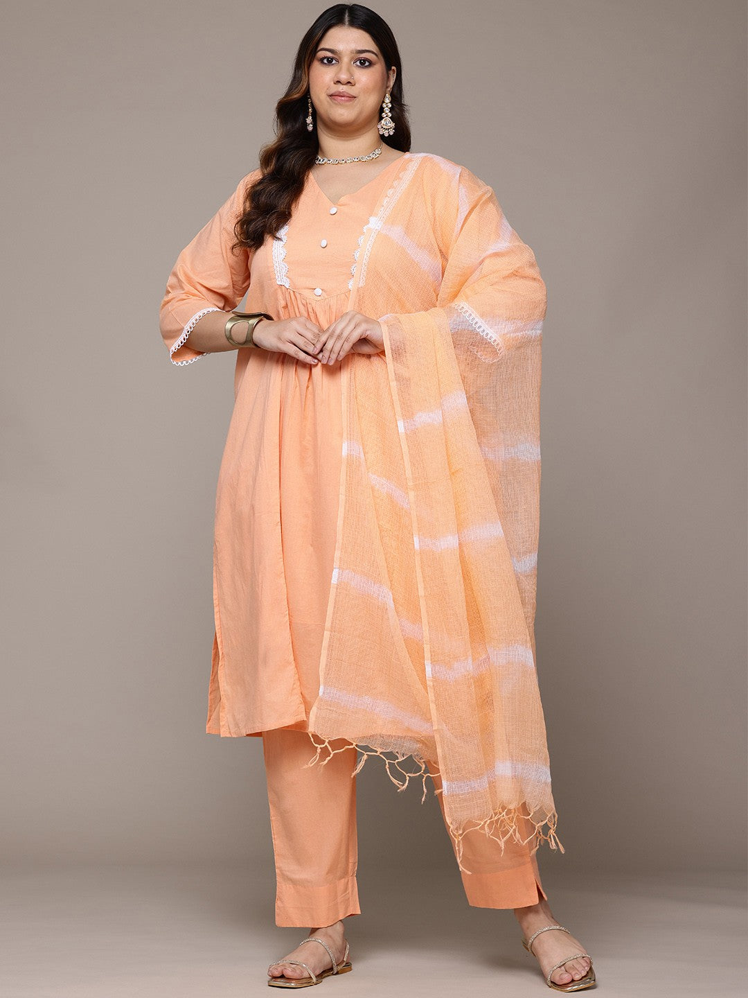 Straight Style Cotton Fabric Peach Colour Kurta With Bottom And Dupatta