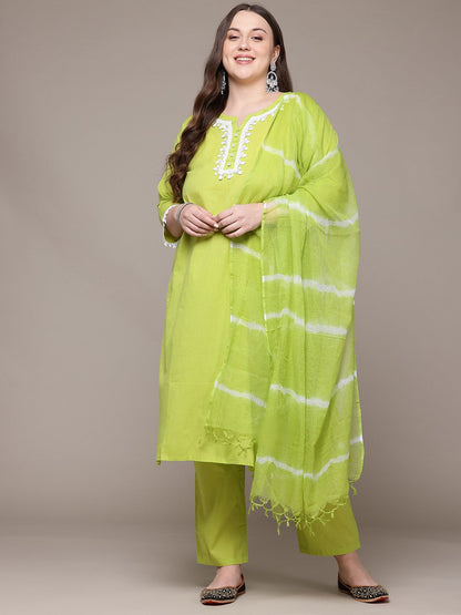 Straight Style Cotton Fabric Lime Green Colour Kurta With Bottom And Dupatta