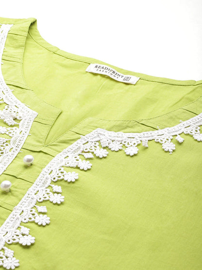 Straight Style Cotton Fabric Lime Green Colour Kurta With Bottom And Dupatta