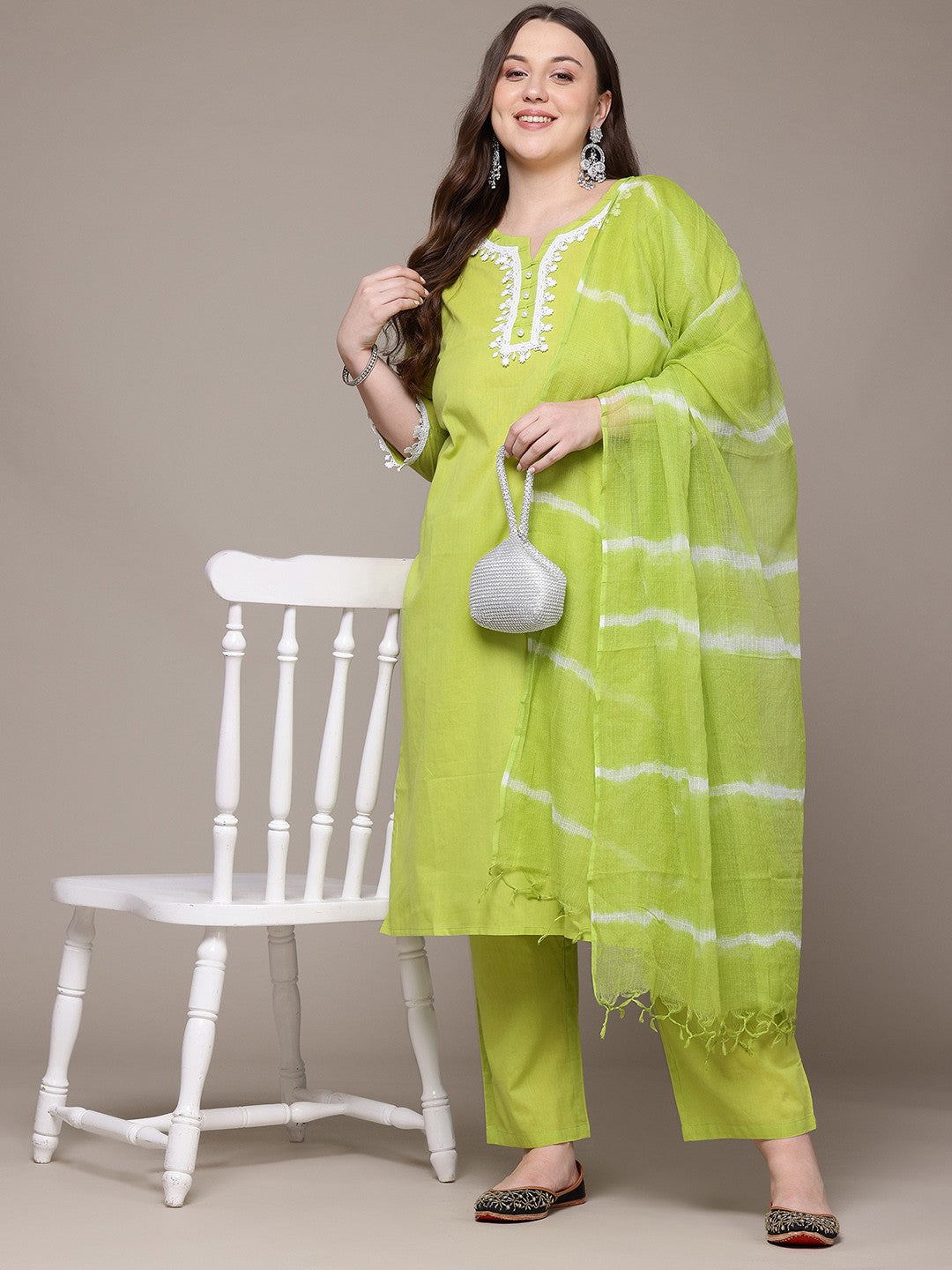 Straight Style Cotton Fabric Lime Green Colour Kurta With Bottom And Dupatta