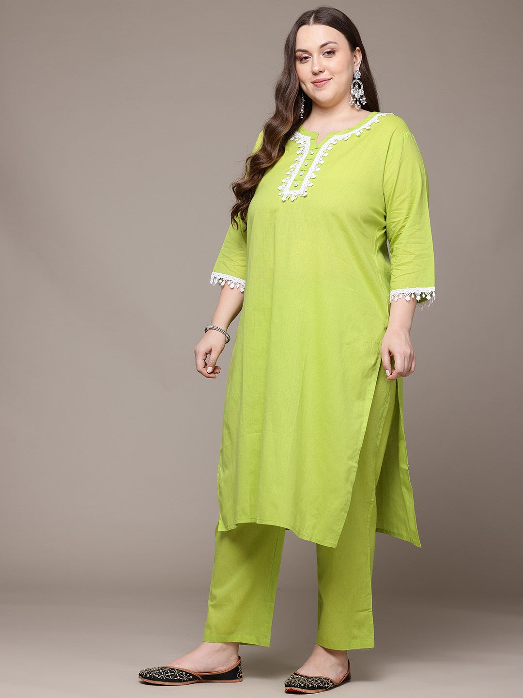 Straight Style Cotton Fabric Lime Green Colour Kurta With Bottom And Dupatta