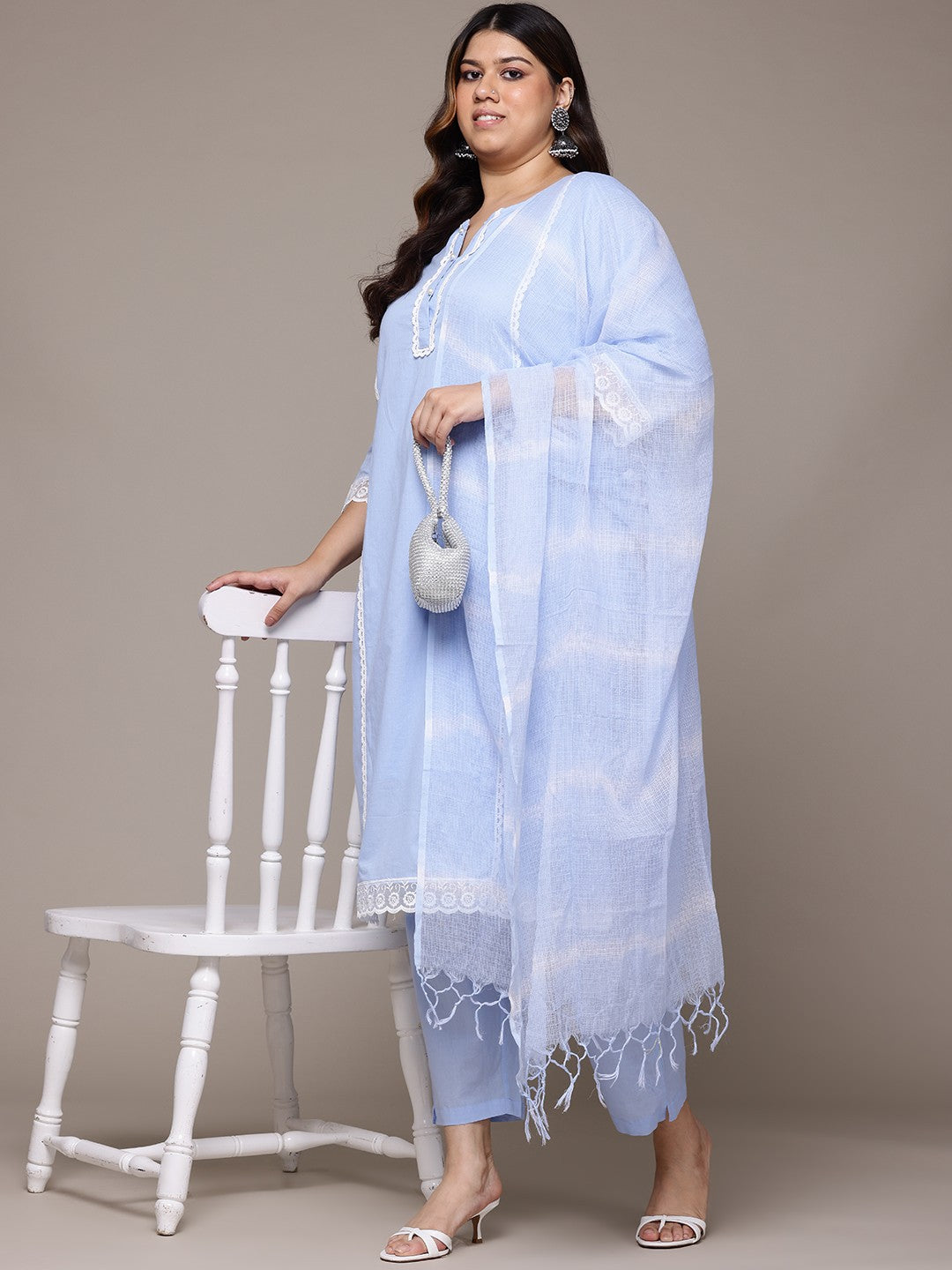 Straight Style Cotton Fabric Blue Colour Kurta With Bottom And Dupatta