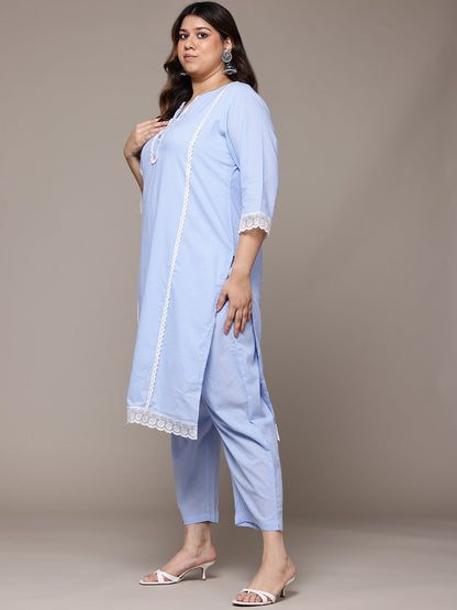 Straight Style Cotton Fabric Blue Colour Kurta With Bottom And Dupatta