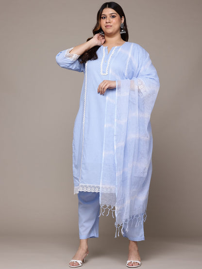 Straight Style Cotton Fabric Blue Colour Kurta With Bottom And Dupatta