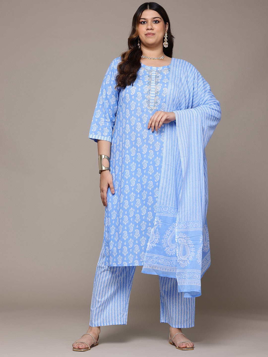 Straight Style Cotton Fabric Blue Colour Kurta With Bottom And Dupatta