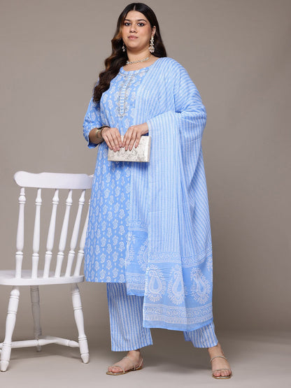 Straight Style Cotton Fabric Blue Colour Kurta With Bottom And Dupatta