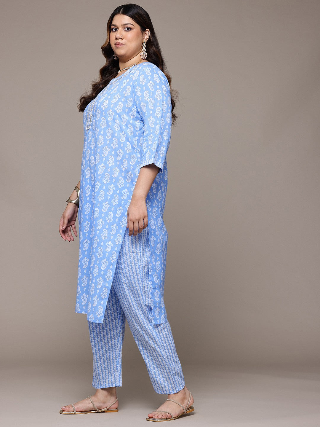 Straight Style Cotton Fabric Blue Colour Kurta With Bottom And Dupatta