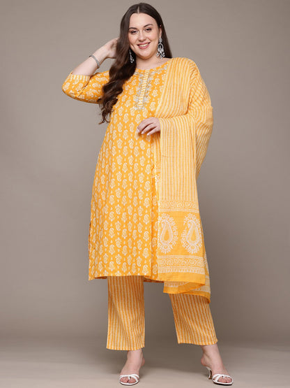 Straight Style Cotton Fabric Yellow Colour Kurta With Bottom And Dupatta