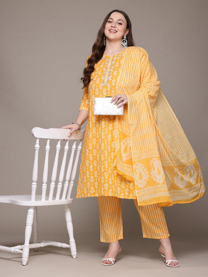 Straight Style Cotton Fabric Yellow Colour Kurta With Bottom And Dupatta