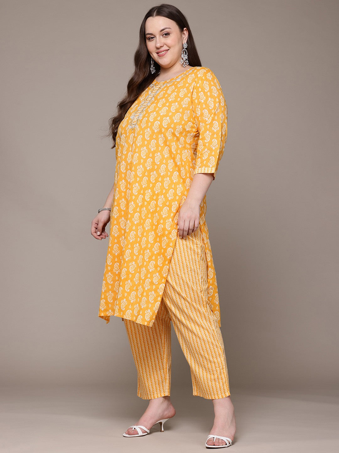 Straight Style Cotton Fabric Yellow Colour Kurta With Bottom And Dupatta