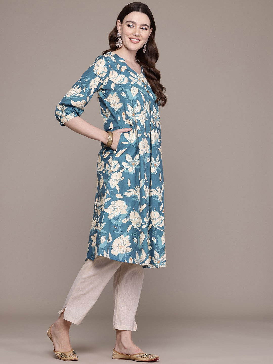 A Line Style Cotton Fabric Blue Colour Kurta With Bottom