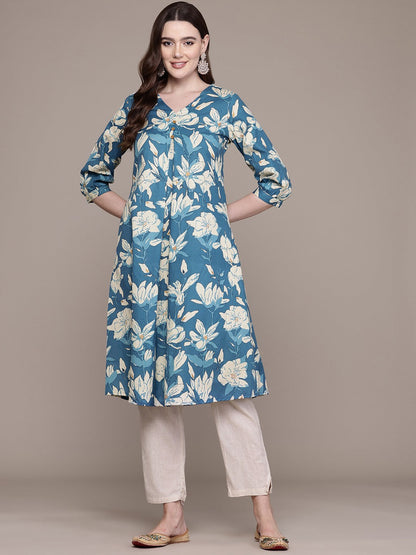 A Line Style Cotton Fabric Blue Colour Kurta With Bottom