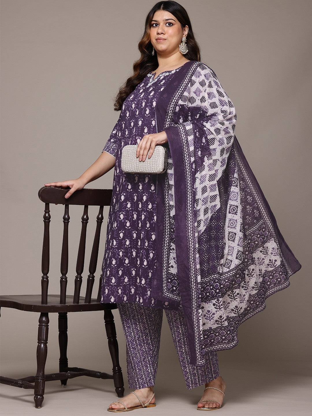 Straight Style Cotton Fabric Violet Colour Kurta With Bottom And Dupatta