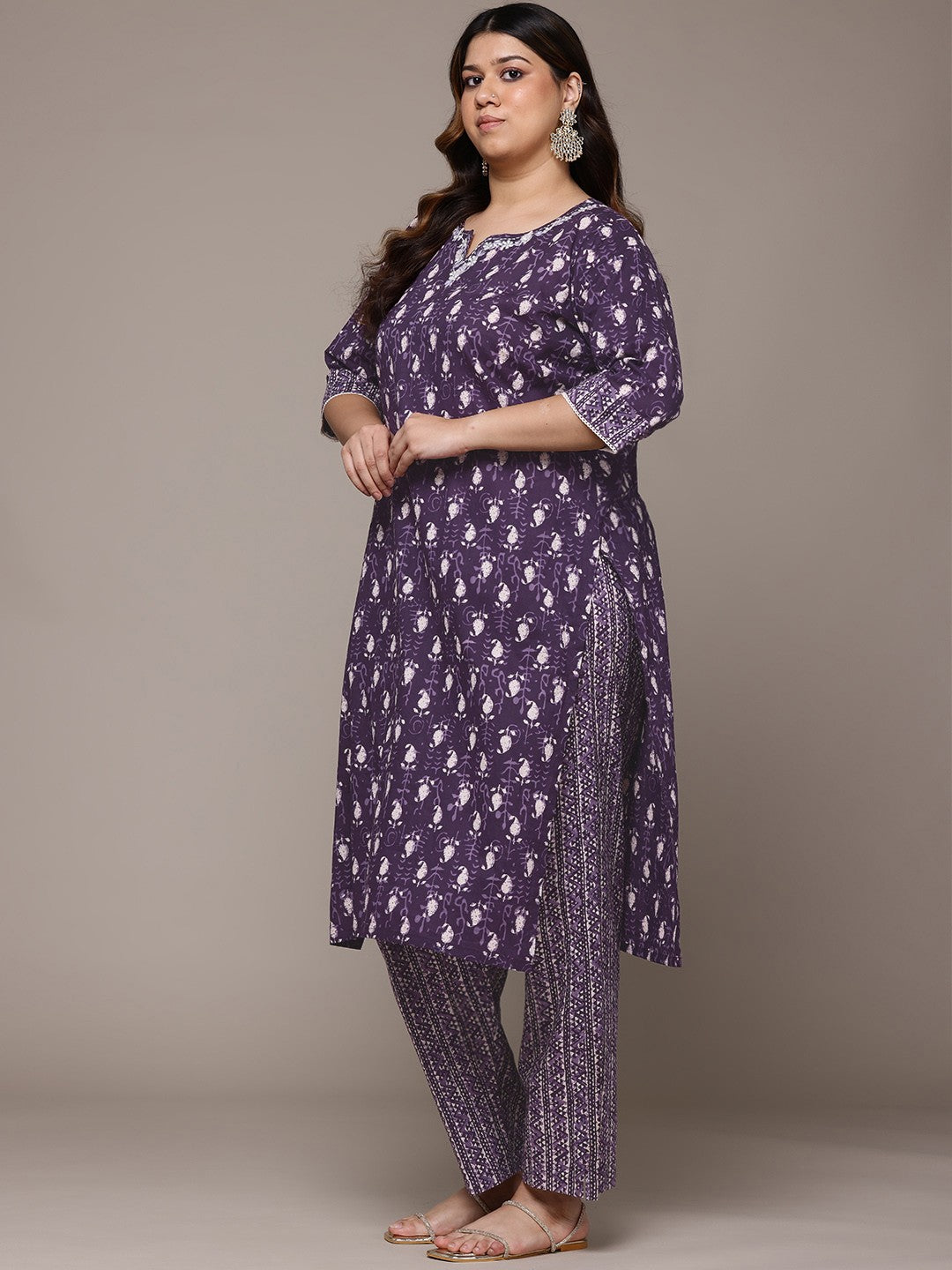 Straight Style Cotton Fabric Violet Colour Kurta With Bottom And Dupatta