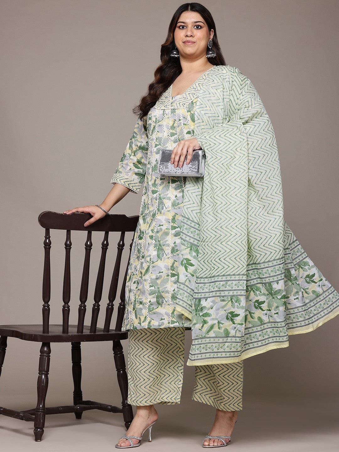 Anarkali Style Cotton Fabric Green Colour Kurta With Bottom And Dupatta