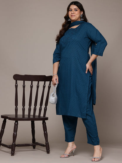 Straight Style Cotton Fabric Teal Colour Kurta With Bottom And Dupatta