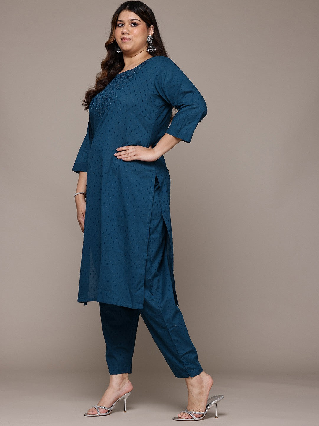 Straight Style Cotton Fabric Teal Colour Kurta With Bottom And Dupatta