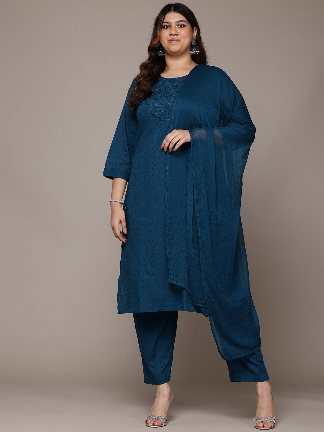 Straight Style Cotton Fabric Teal Colour Kurta With Bottom And Dupatta