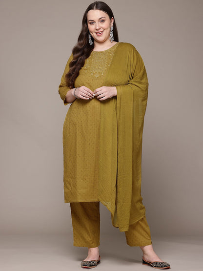 Straight Style Cotton Fabric Mustard Colour Kurta With Bottom And Dupatta