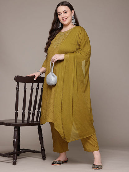 Straight Style Cotton Fabric Mustard Colour Kurta With Bottom And Dupatta