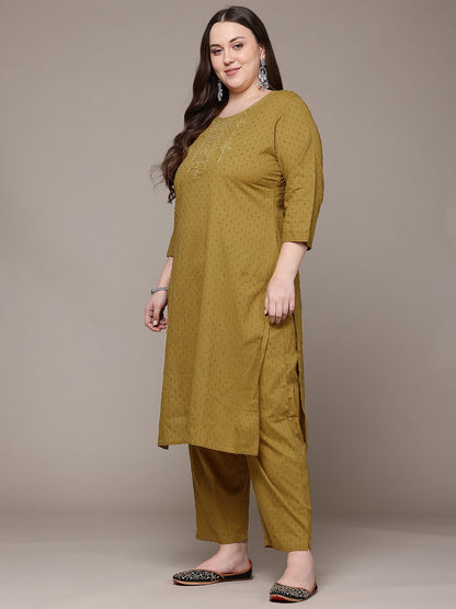 Straight Style Cotton Fabric Mustard Colour Kurta With Bottom And Dupatta